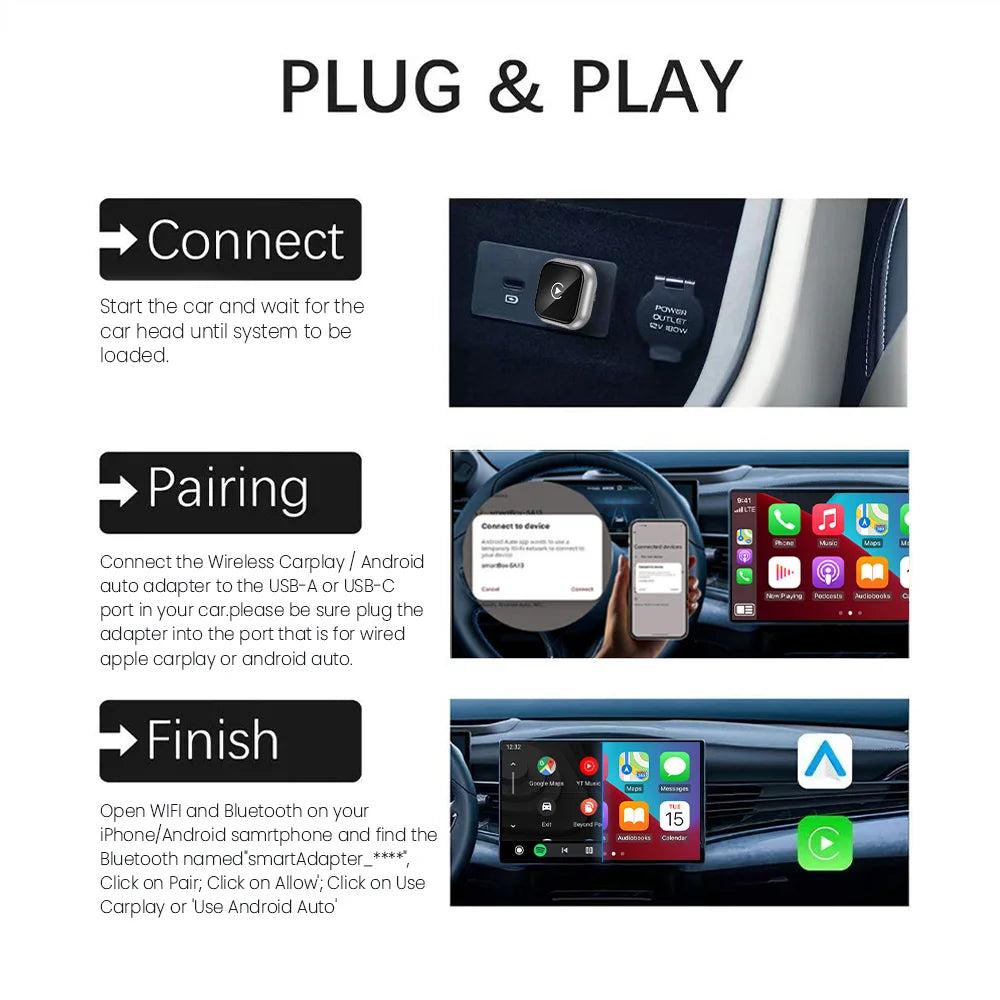 2-in-1 Wireless CarPlay Adapter – Plug & Play Automatic Connection for Cars with Wired CarPlay
