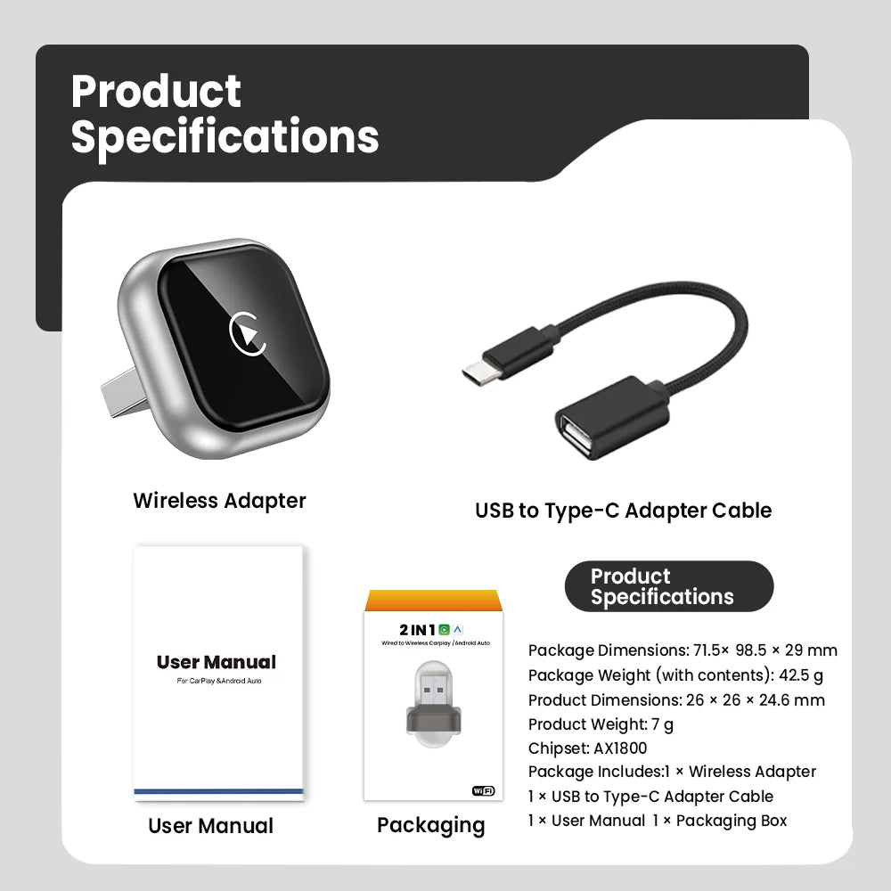 2-in-1 Wireless CarPlay Adapter – Plug & Play Automatic Connection for Cars with Wired CarPlay