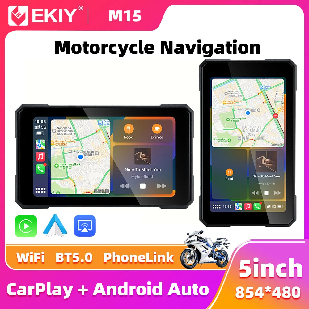 EKIY Schermo Moto 5.0" Wireless CarPlay & Android Auto – Dashboard GPS Portatile con Display Rimovibile