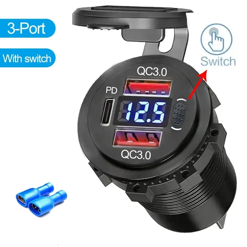 Caricatore USB 96W Dual PD QC3.0 per Auto e Moto – Presa con Voltmetro Impermeabile 12V/24V