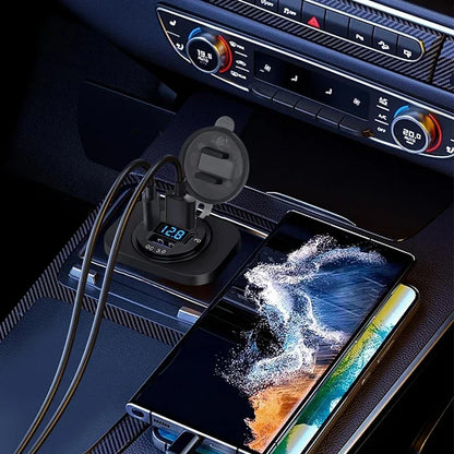 Caricatore USB 96W Dual PD QC3.0 per Auto e Moto – Presa con Voltmetro Impermeabile 12V/24V