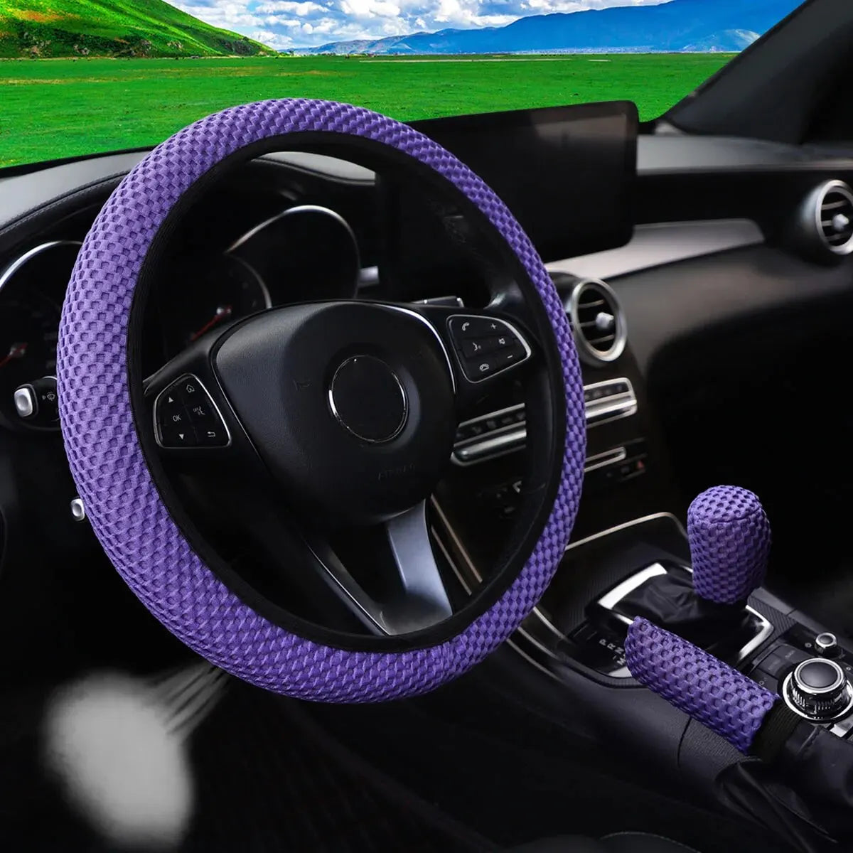 Set 3 Pezzi Coprivolante in Rete Traspirante – Copri Freno a Mano e Leva Cambio per Auto 14,5-15"