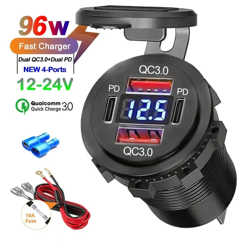 Caricatore USB 96W Dual PD QC3.0 per Auto e Moto – Presa con Voltmetro Impermeabile 12V/24V