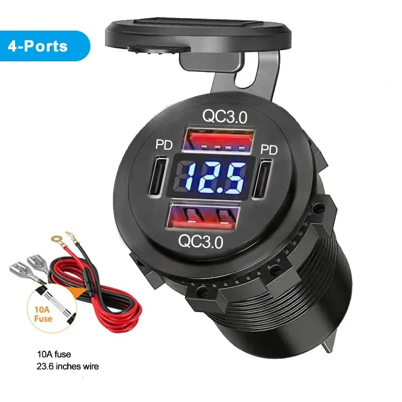 Caricatore USB 96W Dual PD QC3.0 per Auto e Moto – Presa con Voltmetro Impermeabile 12V/24V