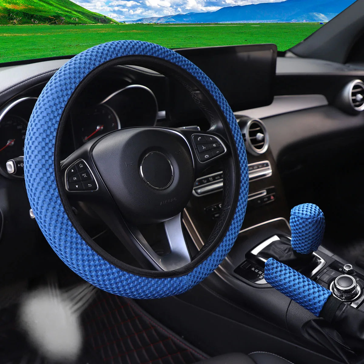 Set 3 Pezzi Coprivolante in Rete Traspirante – Copri Freno a Mano e Leva Cambio per Auto 14,5-15"