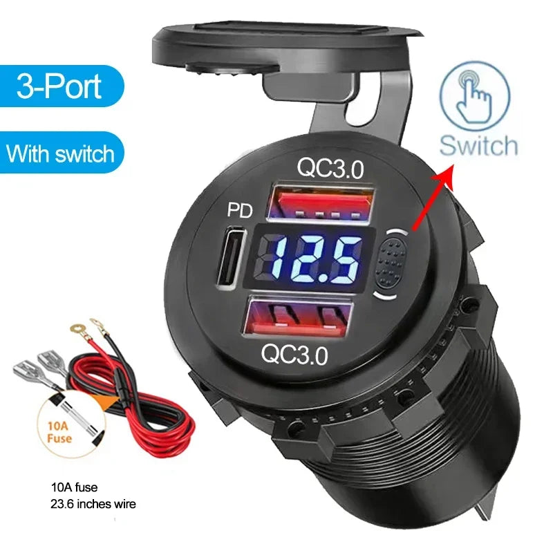 Caricatore USB 96W Dual PD QC3.0 per Auto e Moto – Presa con Voltmetro Impermeabile 12V/24V