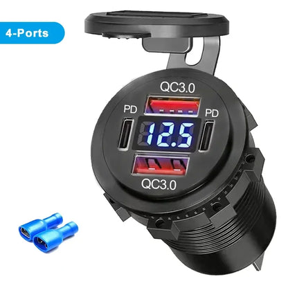 Caricatore USB 96W Dual PD QC3.0 per Auto e Moto – Presa con Voltmetro Impermeabile 12V/24V