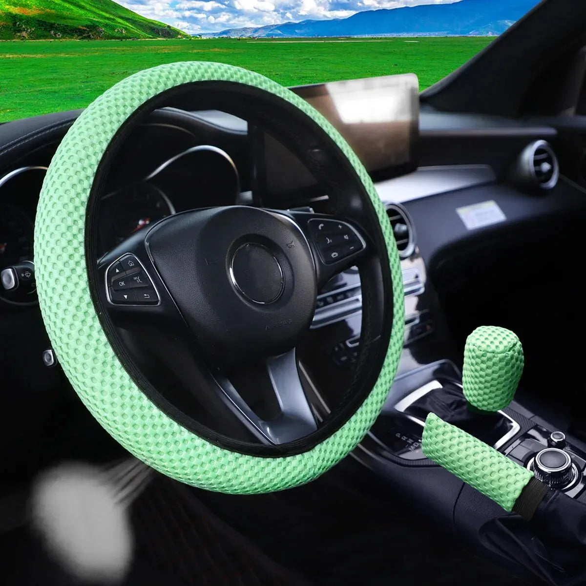 Set 3 Pezzi Coprivolante in Rete Traspirante – Copri Freno a Mano e Leva Cambio per Auto 14,5-15"