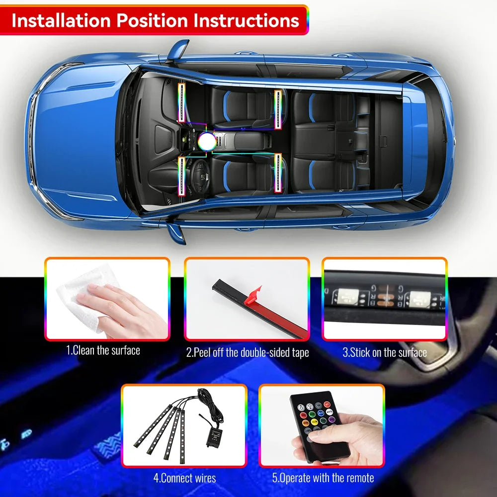 Car Ambient LED Lights 36/48/72 LED – Wireless Remote Control and RGB App