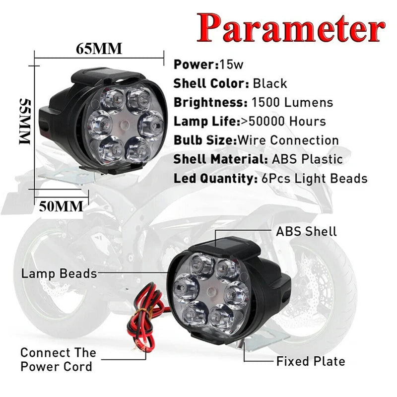 Fari LED Ausiliari Moto 12V – 2 Proiettori Anteriori ad Alta Luminosità 18W 1800LM