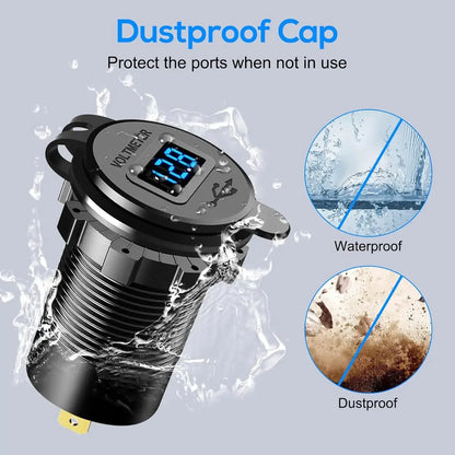 Caricatore USB 96W Dual PD QC3.0 per Auto e Moto – Presa con Voltmetro Impermeabile 12V/24V