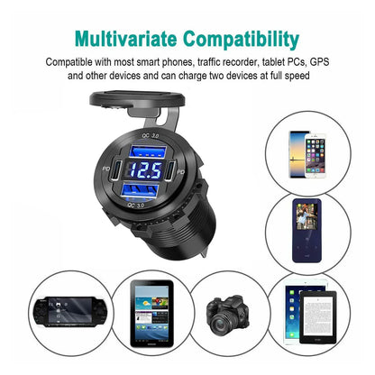 Caricatore USB 96W Dual PD QC3.0 per Auto e Moto – Presa con Voltmetro Impermeabile 12V/24V